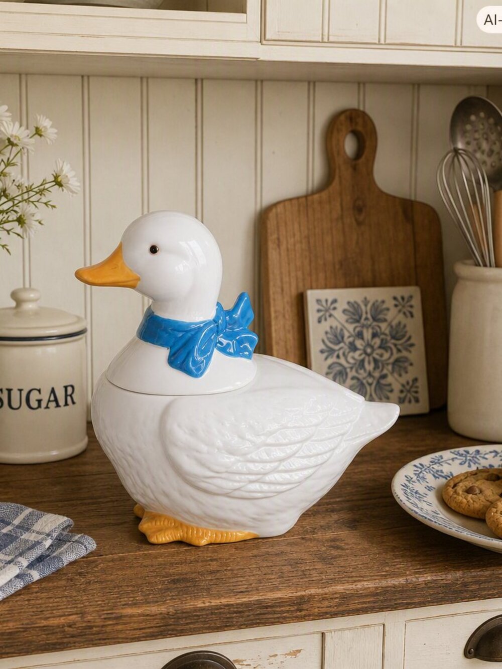 Vintage White Ceramic Duck Cookie Jar – Farmhouse Country Kitchen - EUC